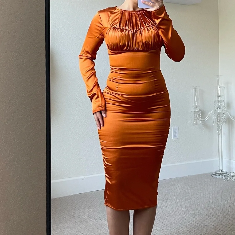 Rust Satin Ruched Dress - Picture 1 of 7